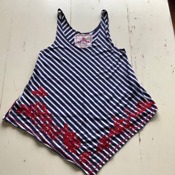 Johnny Was Striped Handkerchief Hem Tank Top | Navy Blue & White | Size XSmall - Picture 1 of 7